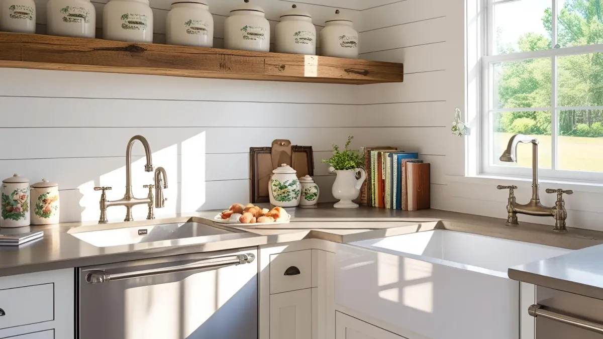 Modern Farmhouse Kitchen With Shiplap Walls With Reclaimed Wood Shelves and Vintage Sink