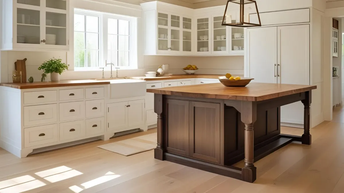 Farmhouse Style Kitchen With White Cabinets and Dark-stained Wood Island
