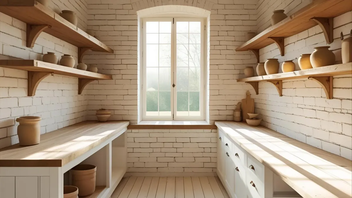 Galley Farmhouse Kitchen With Empty Open Shelves
