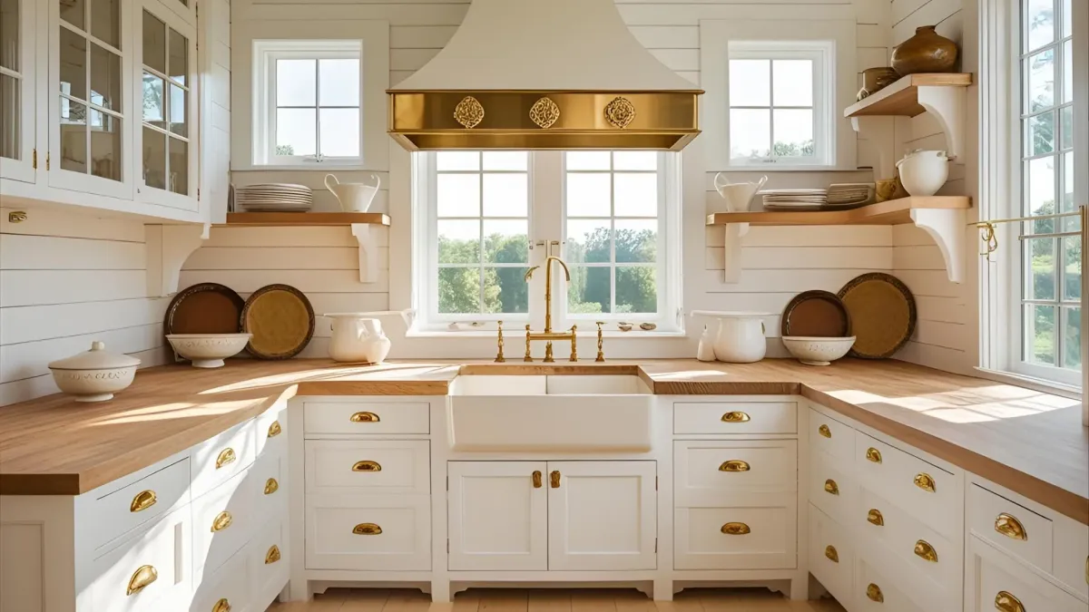 Farmhouse Style Kitchen With Farmhouse-style Range Hood and Brass Hardware