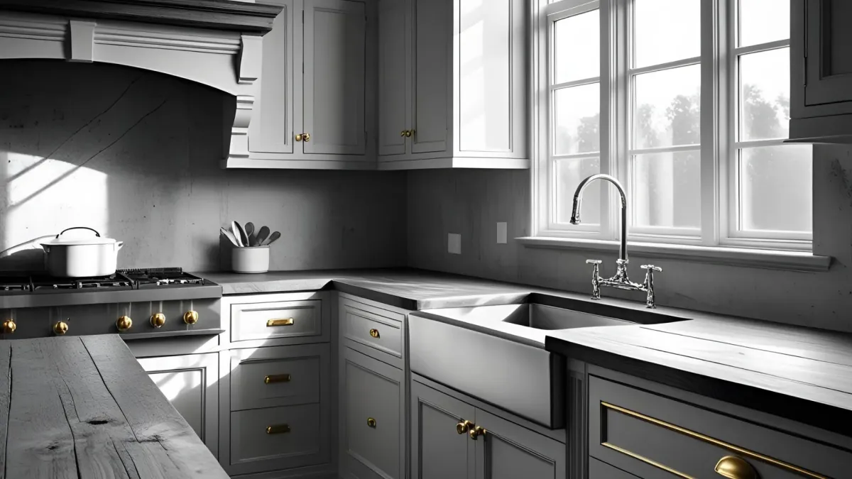 Black and White Farmhouse Style Kitchen With Gold Accents