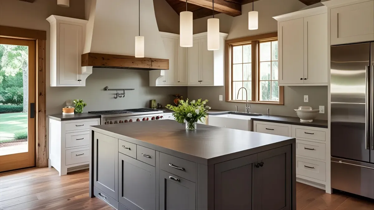 Rustic Modern Kitchen in Atlanta With Beamed Ceiling, Sleek Lighting, Integrated Appliances
