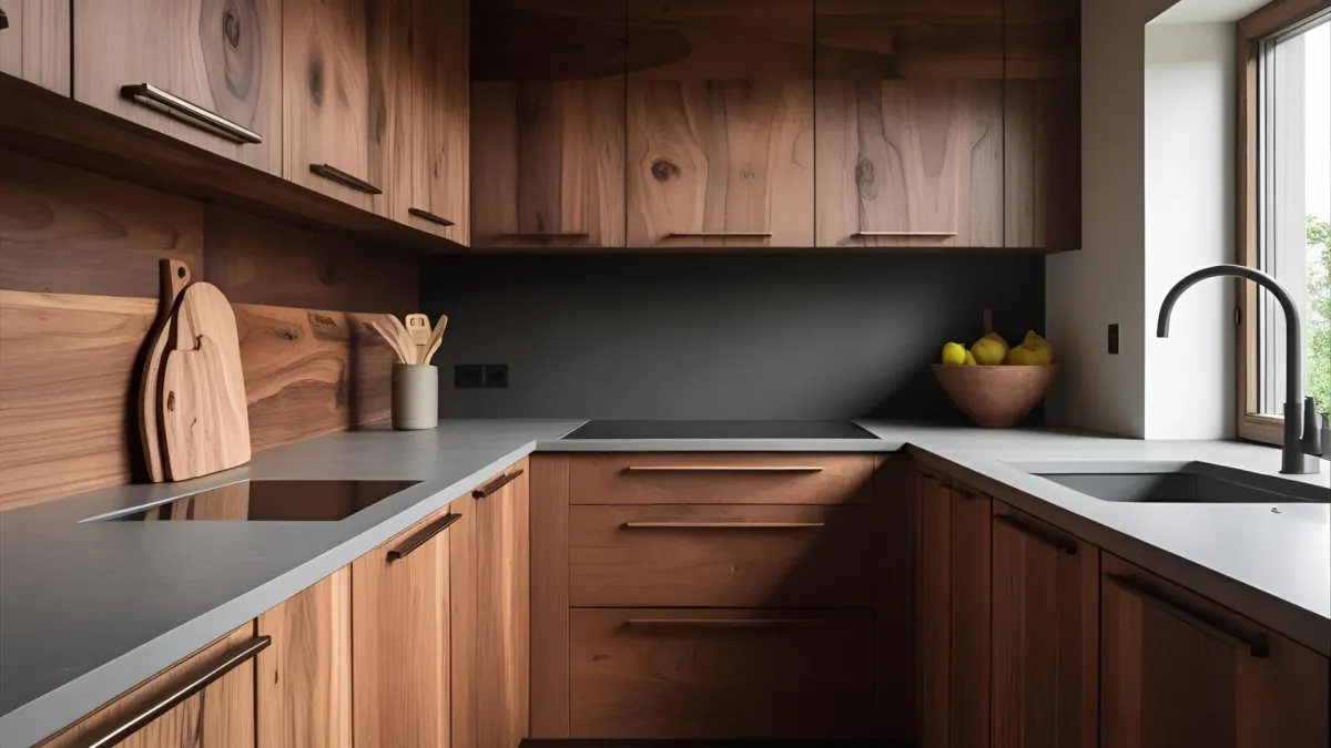 Compact Rustic Modern Kitchen, Walnut Cabinets, Metal Handles, Clean Matte Surfaces