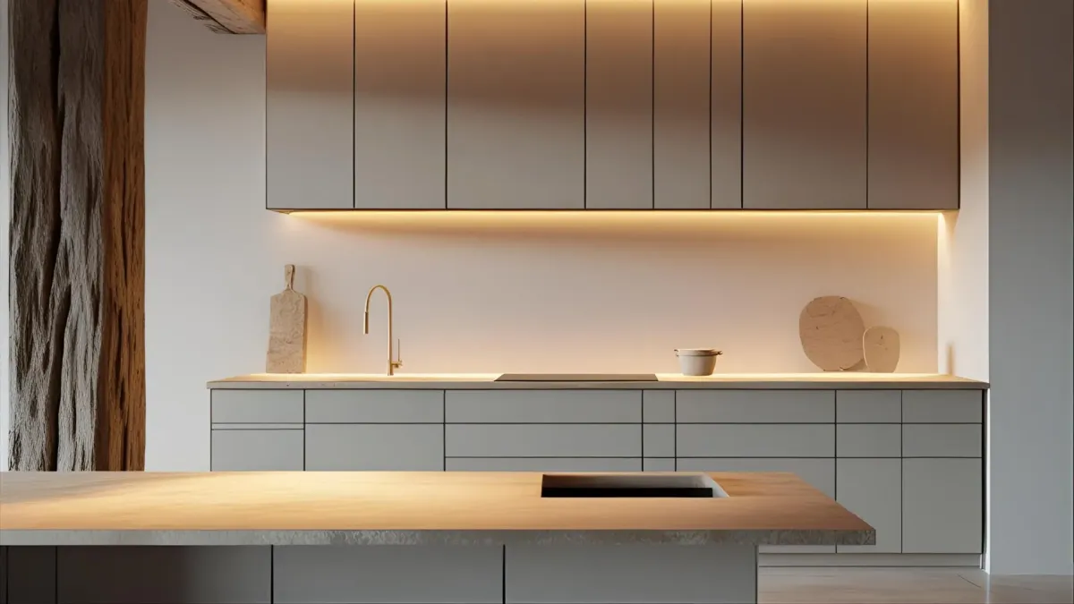 Minimalist Rustic Modern Kitchen With Neutral Palette, Rough-hewn Wood Accents, Warm Lighting