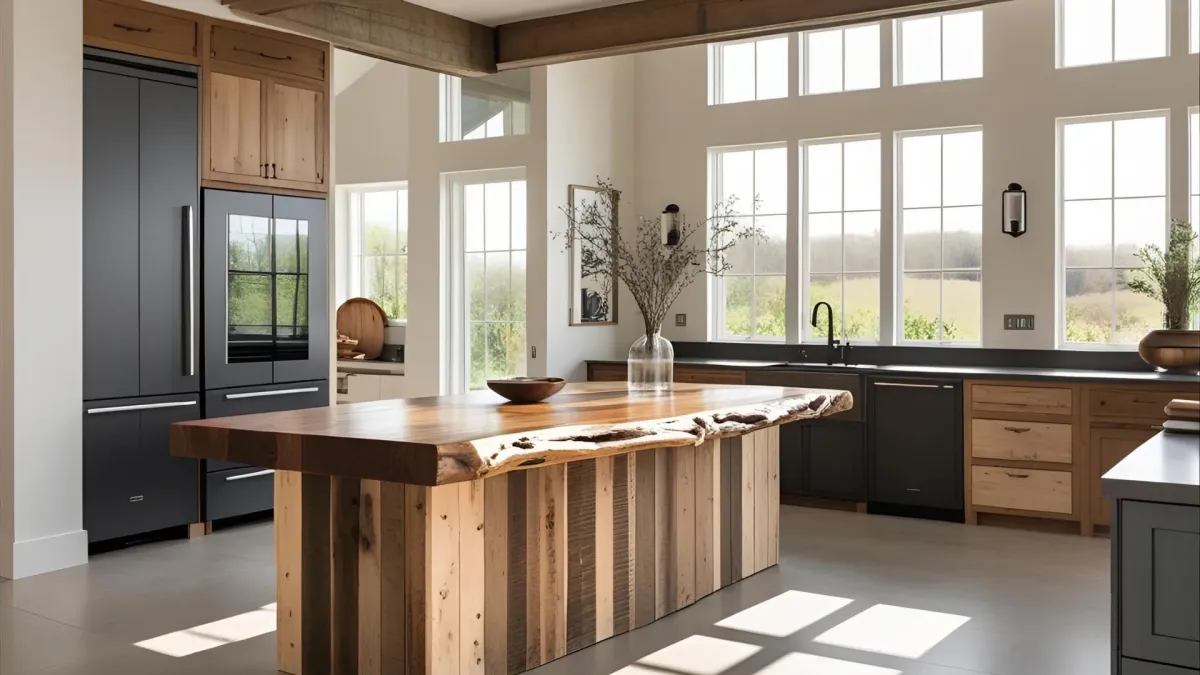 Open-concept Rustic Modern Kitchen, Reclaimed Wood Island, Matte Black Appliances, Clean Lines