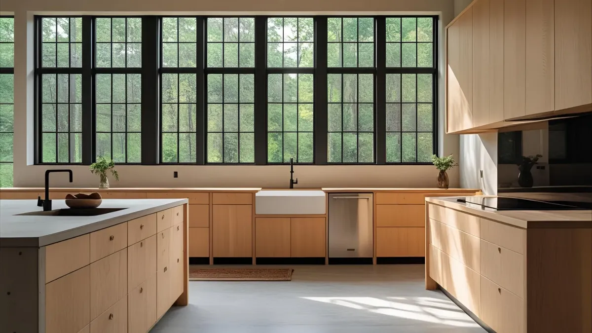 Atlanta Rustic Modern Kitchen, Smooth Concrete Floor, Light Oak Finishes, Black-framed Windows