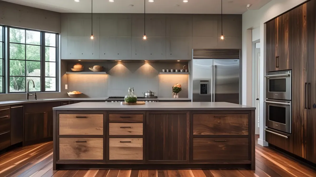 Atlanta Rustic Modern Kitchen, Large Wood Island With Storage, Matte Concrete Backsplash