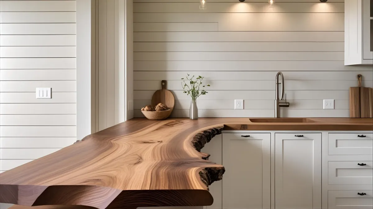 Rustic Modern Space With Live-edge Wood Countertop, Vertical Shiplap Walls, Modern Fixtures