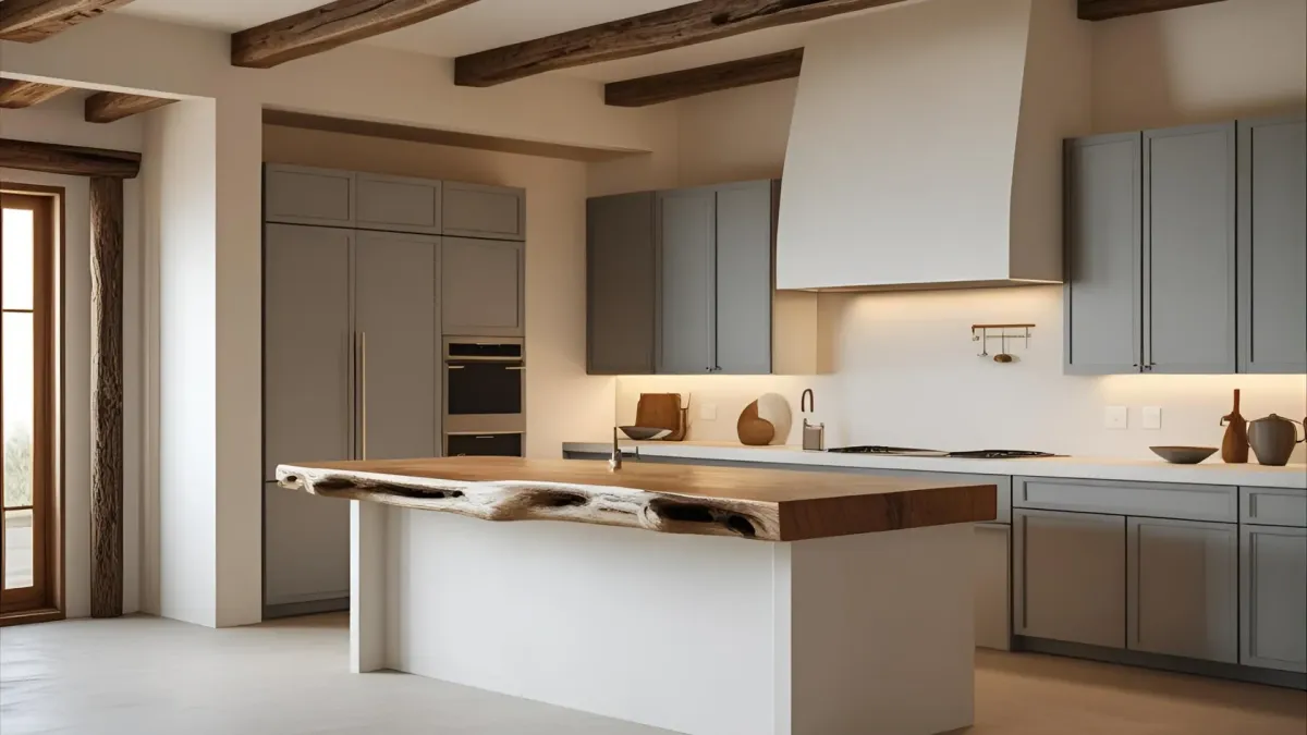 Minimalist Rustic Modern Kitchen With Neutral Palette, Rough-hewn Wood Accents, Warm Lighting