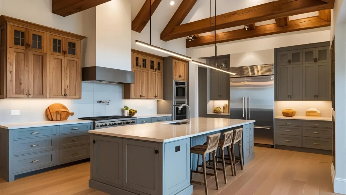 Rustic Modern Kitchen in Atlanta With Beamed Ceiling, Sleek Lighting, Integrated Appliances