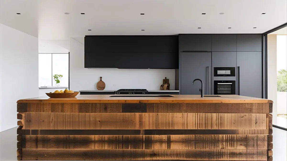 Open-concept Rustic Modern Kitchen, Reclaimed Wood Island, Matte Black Appliances, Clean Lines