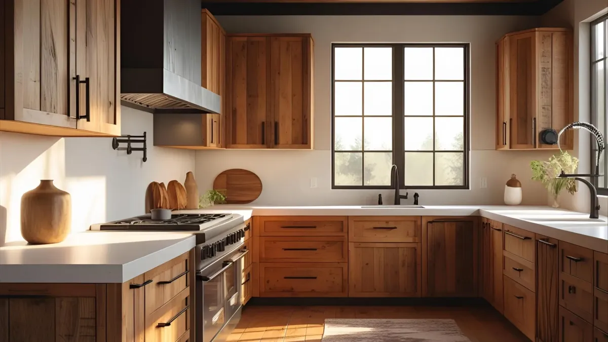 Rustic Modern Kitchen With Natural Wood Cabinets, Quartz Countertops, Black Metal Fixtures