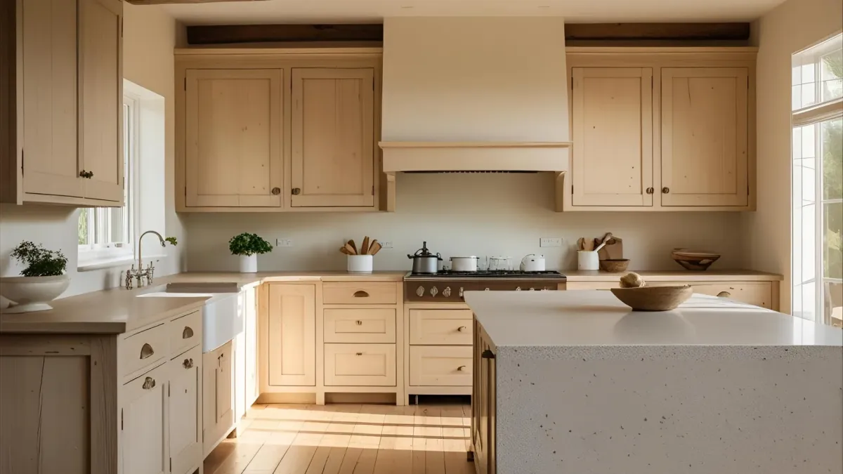 Rustic Kitchen With Simple Wood Cabinetry, Quartz Island, Natural Tones
