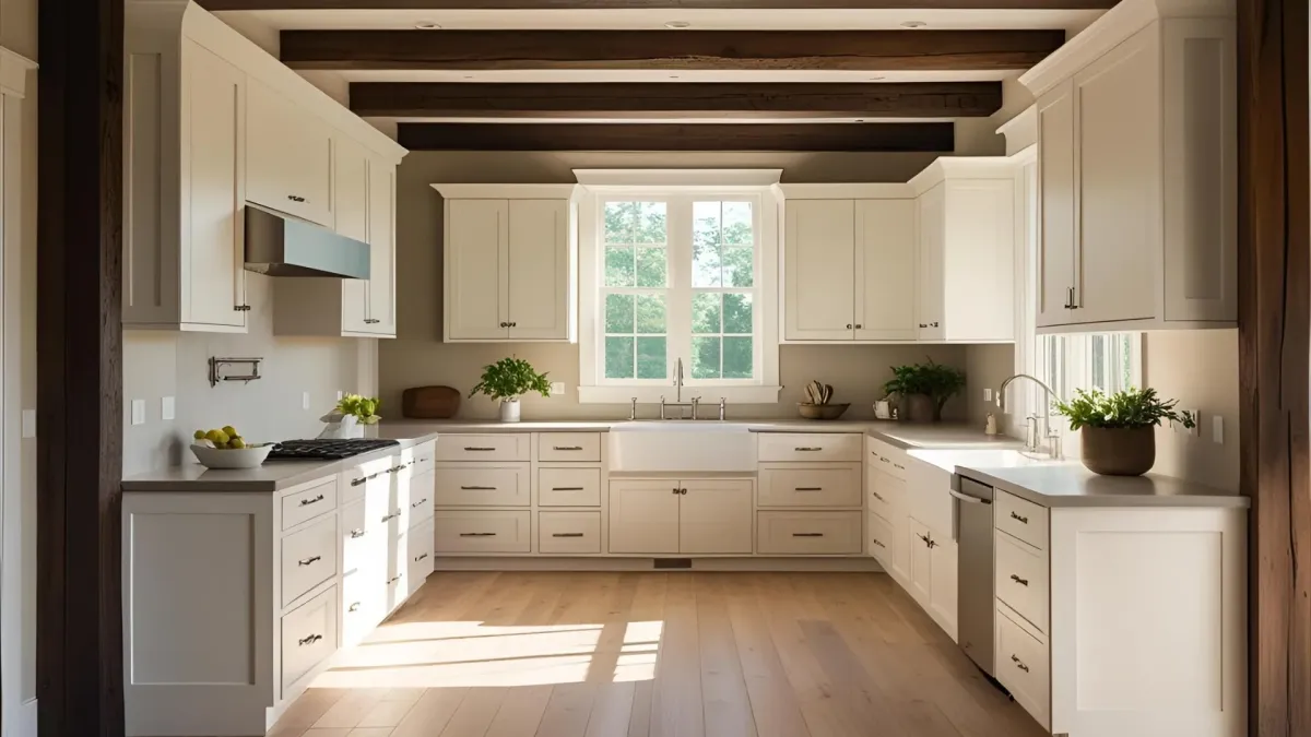 Atlanta Rustic Modern Kitchen, Exposed Wood Beams, Flat-panel Cabinets, Wide-plank Flooring