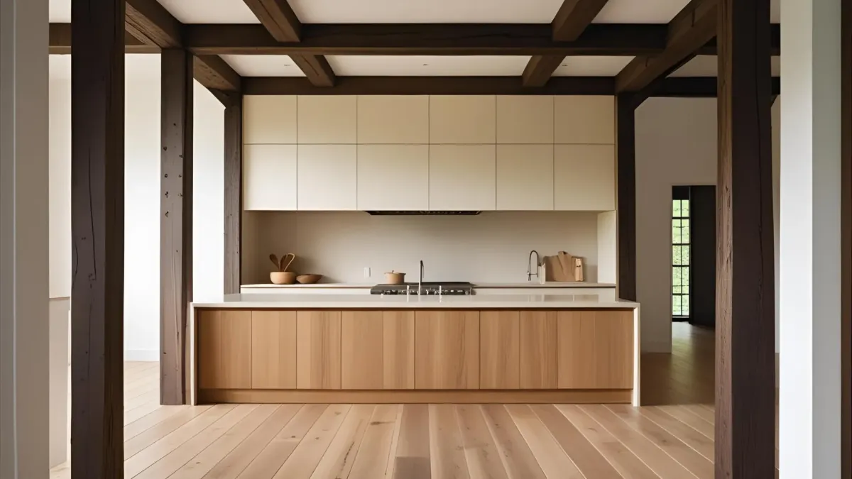 Atlanta Rustic Modern Kitchen, Exposed Wood Beams, Flat-panel Cabinets, Wide-plank Flooring