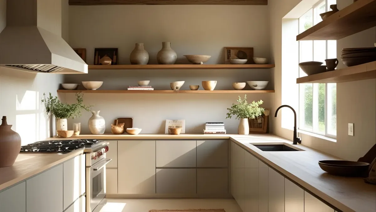 Rustic Modern Kitchen Featuring Floating Wood Shelves, Modern Slab Cabinets, Soft Natural Light