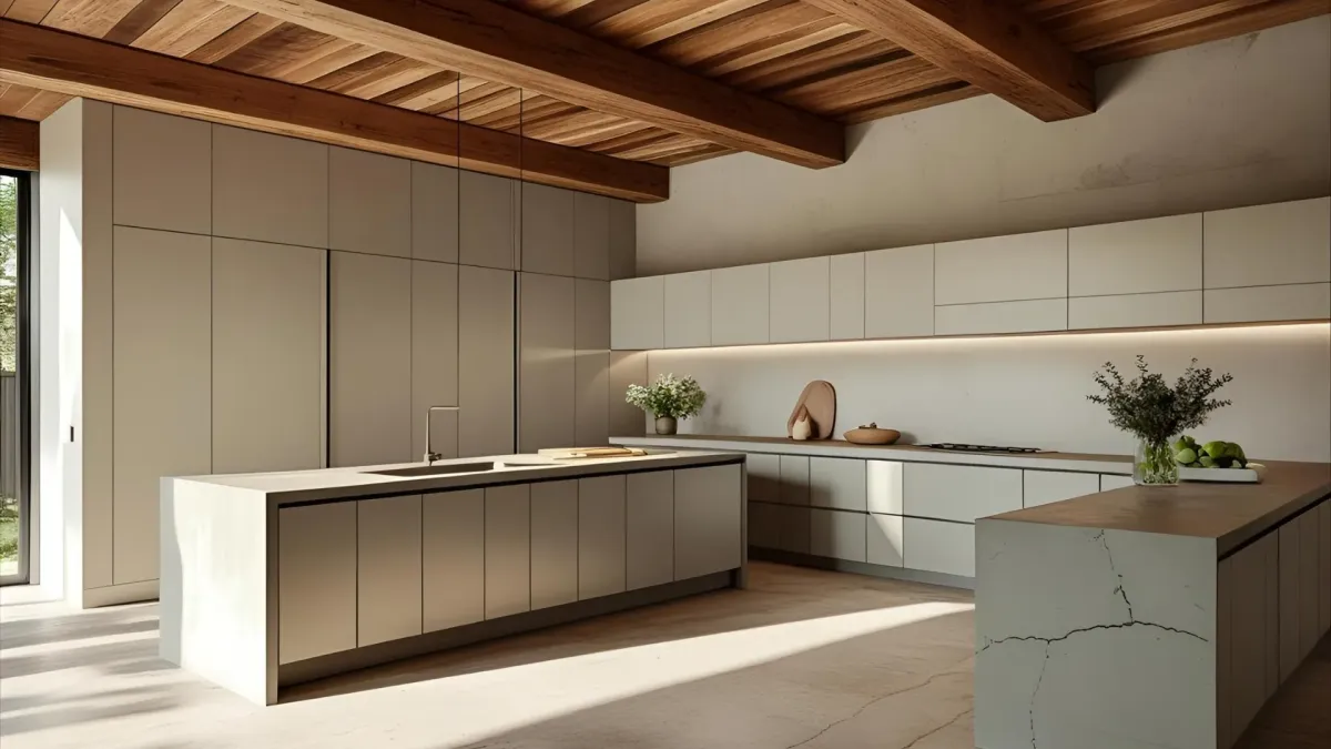 Rustic Modern Kitchen Design With Wood Ceiling, Concrete Countertops, Seamless Cabinetry