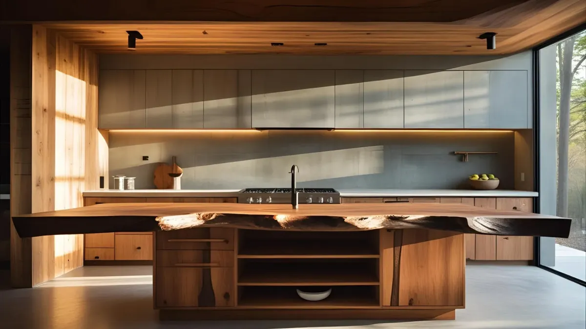 Atlanta Rustic Modern Kitchen, Large Wood Island With Storage, Matte Concrete Backsplash