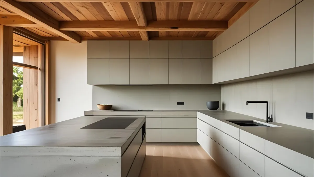 Rustic Modern Kitchen Design With Wood Ceiling, Concrete Countertops, Seamless Cabinetry