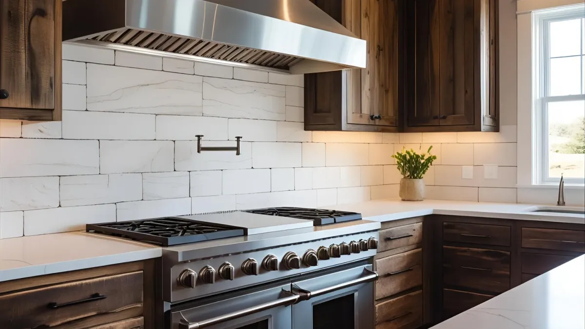 Kitchen With Rustic Wood Lower Cabinets, White Stone Backsplash, Sleek Range Hood