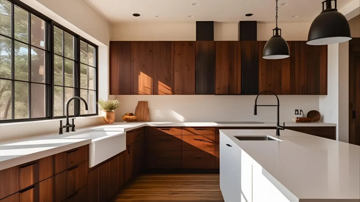 Rustic Modern Kitchen With Natural Wood Cabinets, Quartz Countertops, Black Metal Fixtures