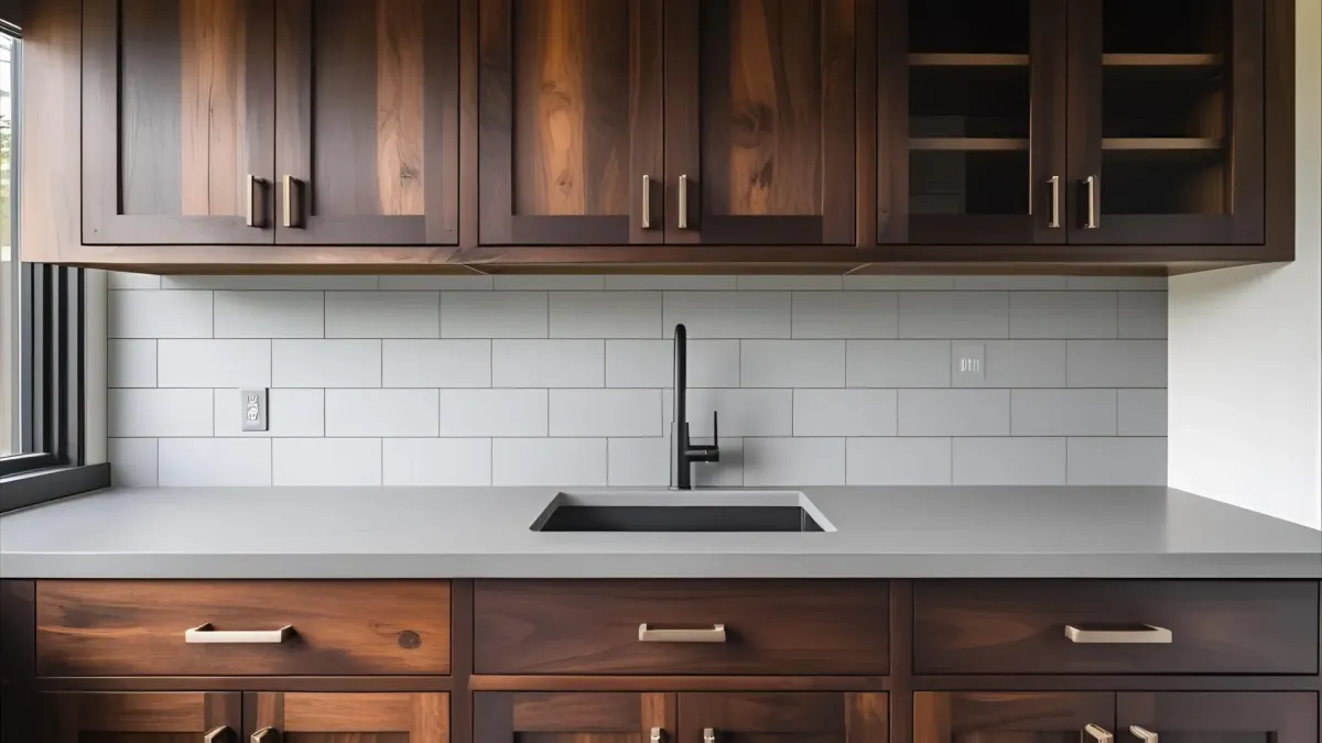 Compact Rustic Modern Kitchen, Walnut Cabinets, Metal Handles, Clean Matte Surfaces