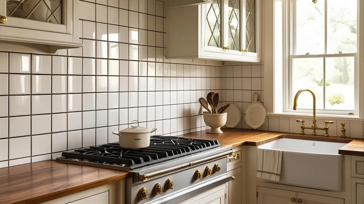 Traditional Southern Style Kitchen With Classic-style Tile Backsplash and Gold Accents