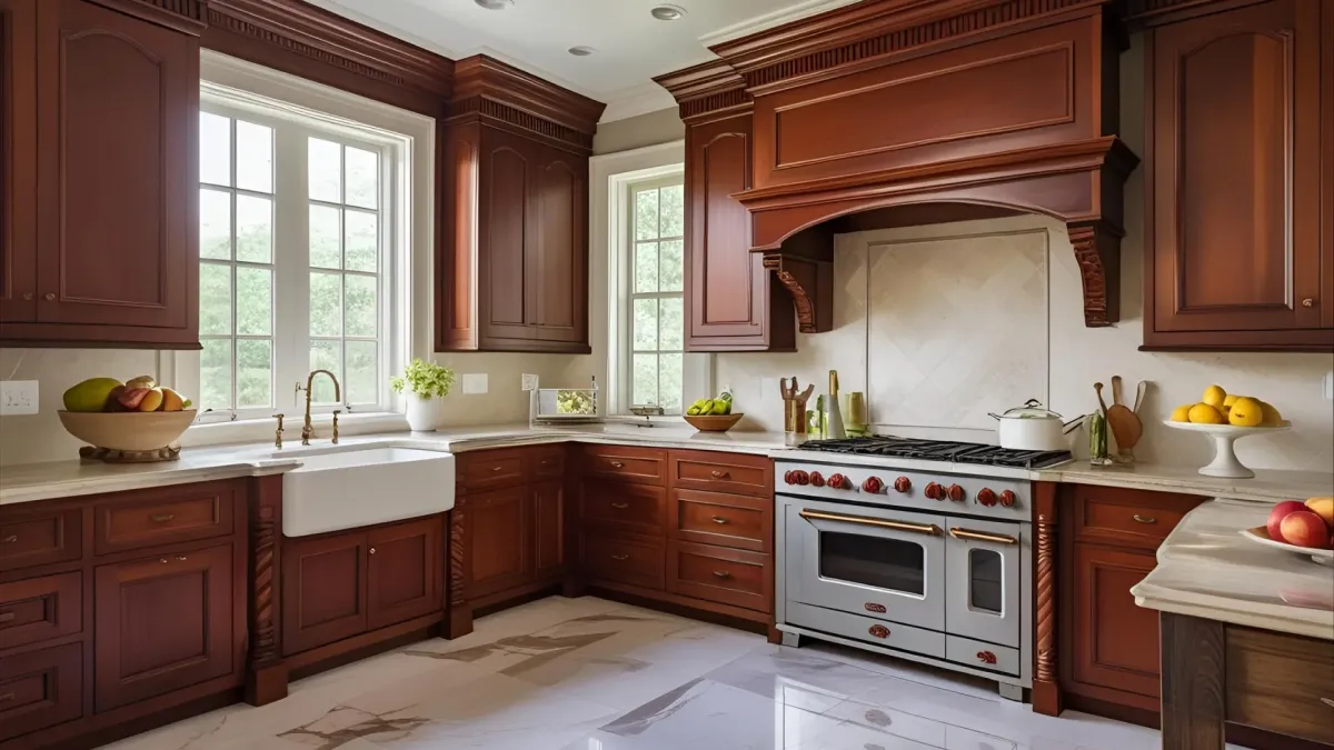 Traditional Southern Style Kitchen With Mahogany Cabinets With Crown Molding and Marble Floors