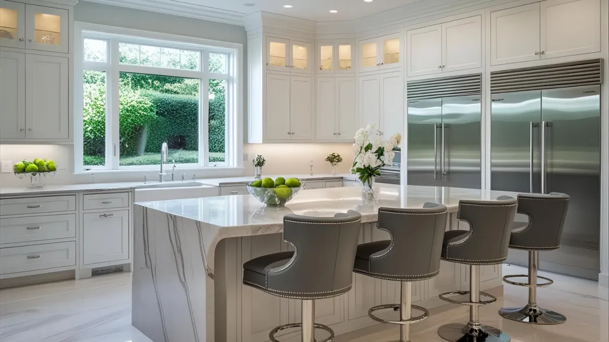 Large Formal Kitchen With Elegant Bar Stools