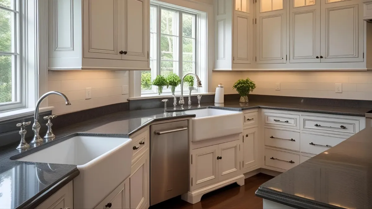 Traditional Kitchen With White Raised-panel Cabinets and Dark Stone Countertops