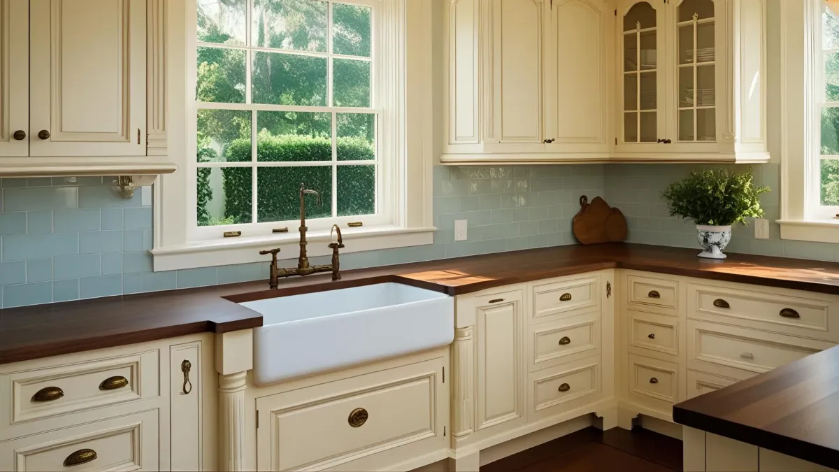 Classic Southern Kitchen With Cream Cabinetry and Ornate Moldings