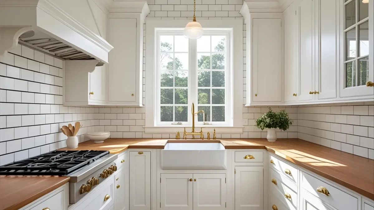 Traditional Southern Style Kitchen With Classic-style Tile Backsplash and Gold Accents