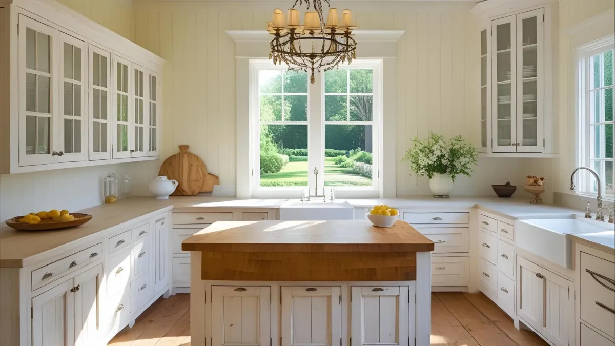 Southern-inspired Kitchen With Small Chandelier Over Island