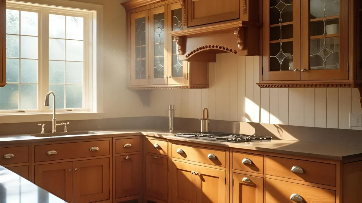 Traditional Kitchen With Custom Cabinets With Intricate Trim and Glass Panels