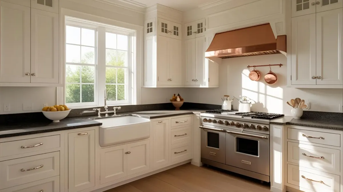 Traditional Kitchen With White Raised-panel Cabinets and Dark Stone Countertops