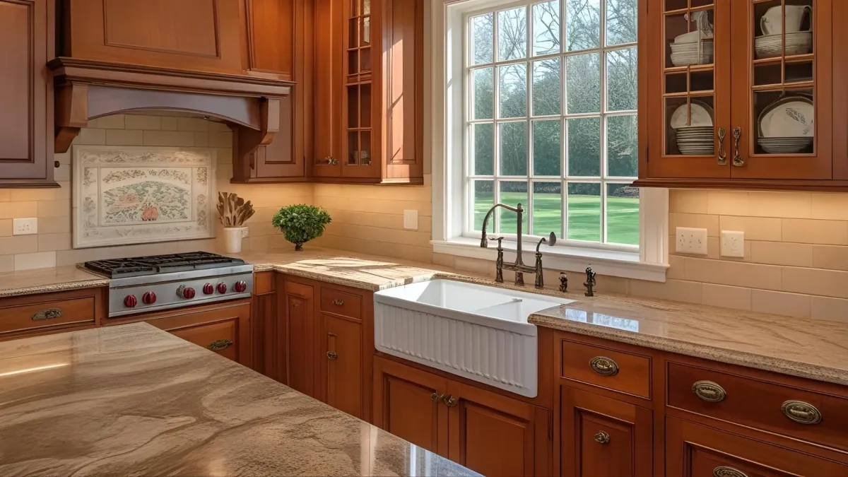 Classic Southern Kitchen With Warm-toned Wood Cabinets With Granite Counters