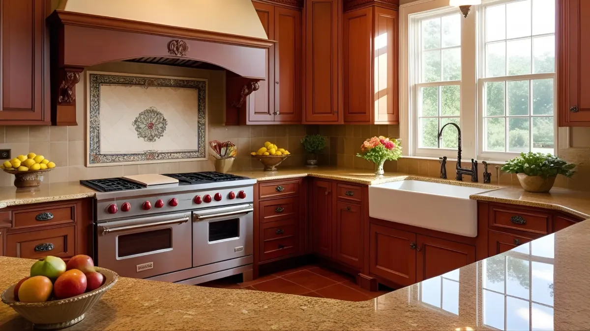 Classic Southern Kitchen With Warm-toned Wood Cabinets With Granite Counters