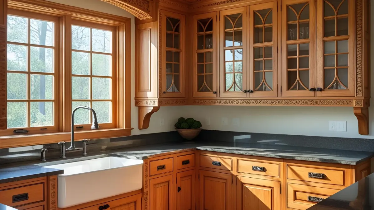 Traditional Kitchen With Custom Cabinets With Intricate Trim and Glass Panels