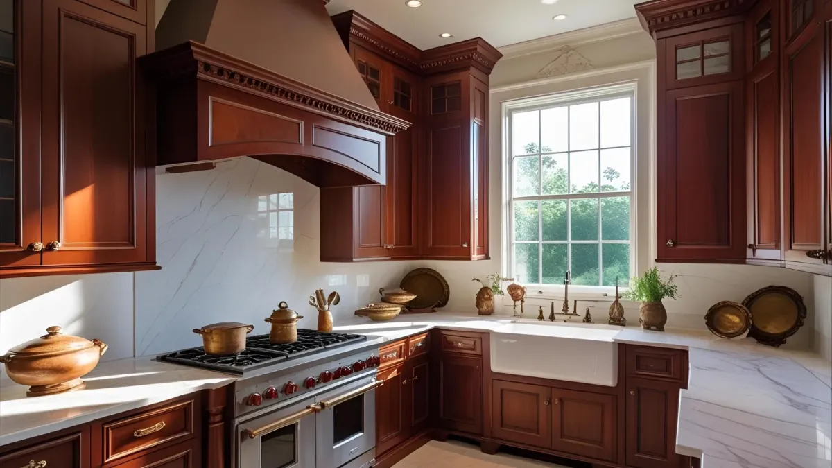 Traditional Southern Style Kitchen With Mahogany Cabinets With Crown Molding and Marble Floors