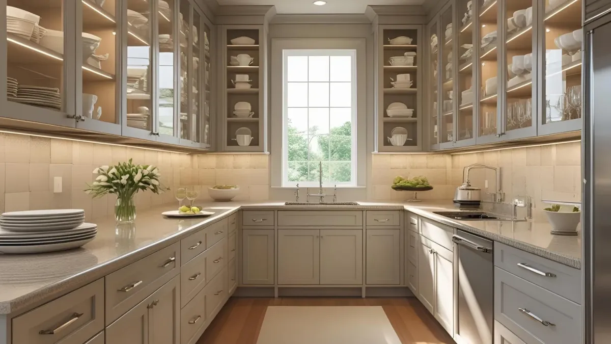 Transitional Galley Kitchen With Glass-front Cabinets
