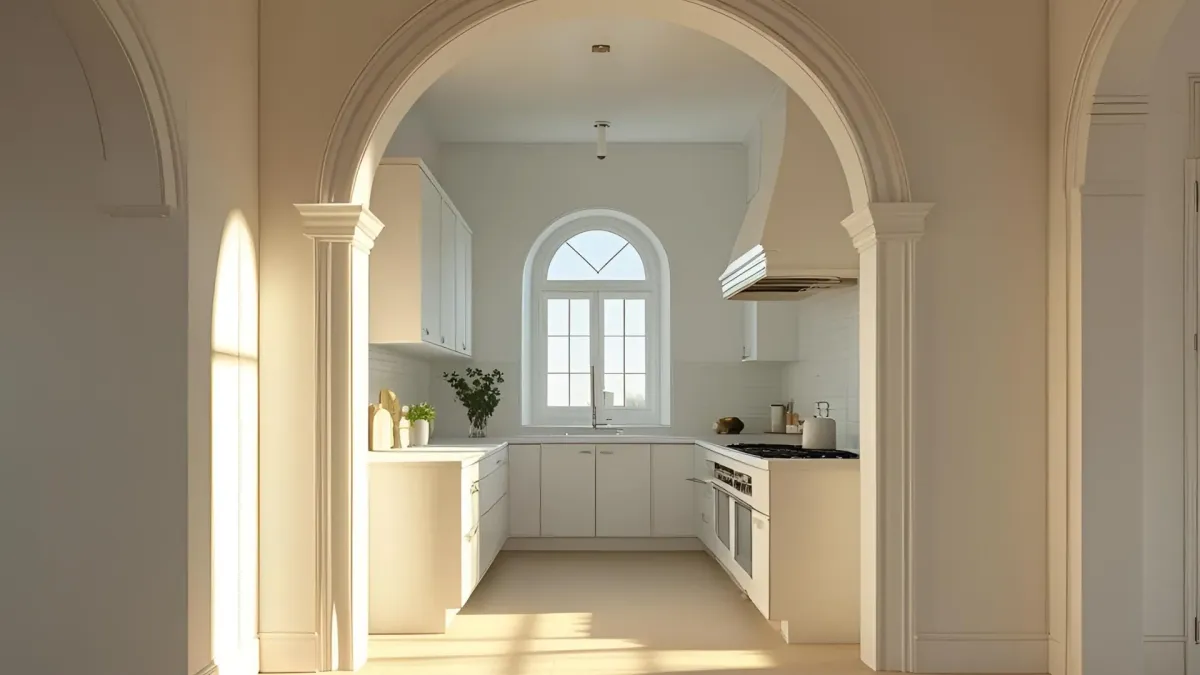 Light-filled Kitchen With Arched Doorway and Minimalist Decor
