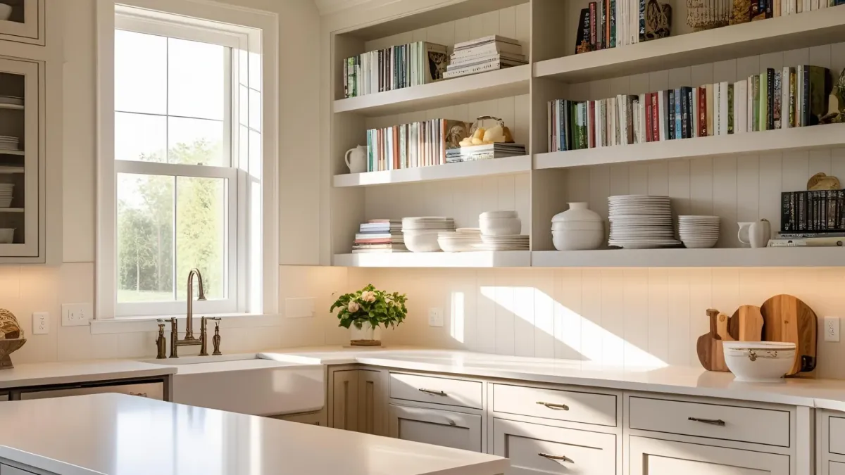 Transitional Kitchen With Elegant Open Shelving Above Prep Area