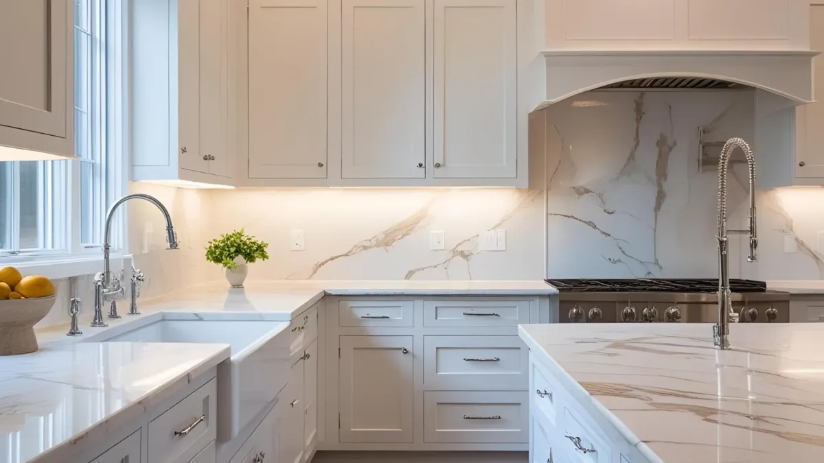 Transitional Kitchen With White Shaker Cabinets and Marble Countertops
