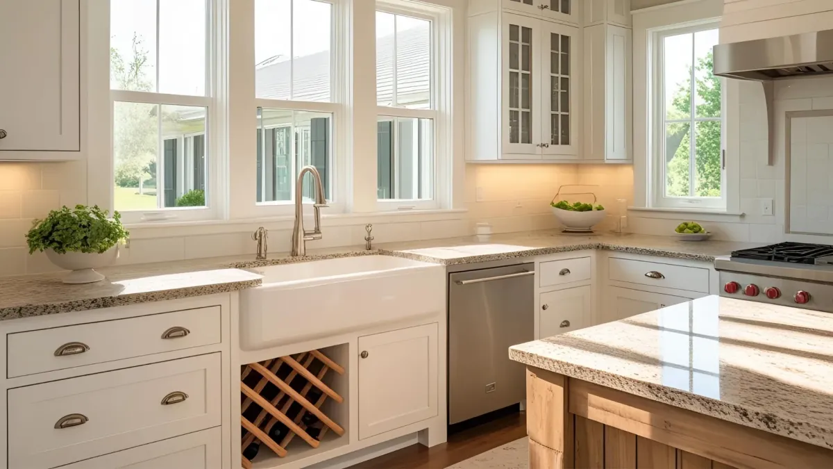 Kitchen With Built-in Wine Rack and Brushed Nickel Hardware