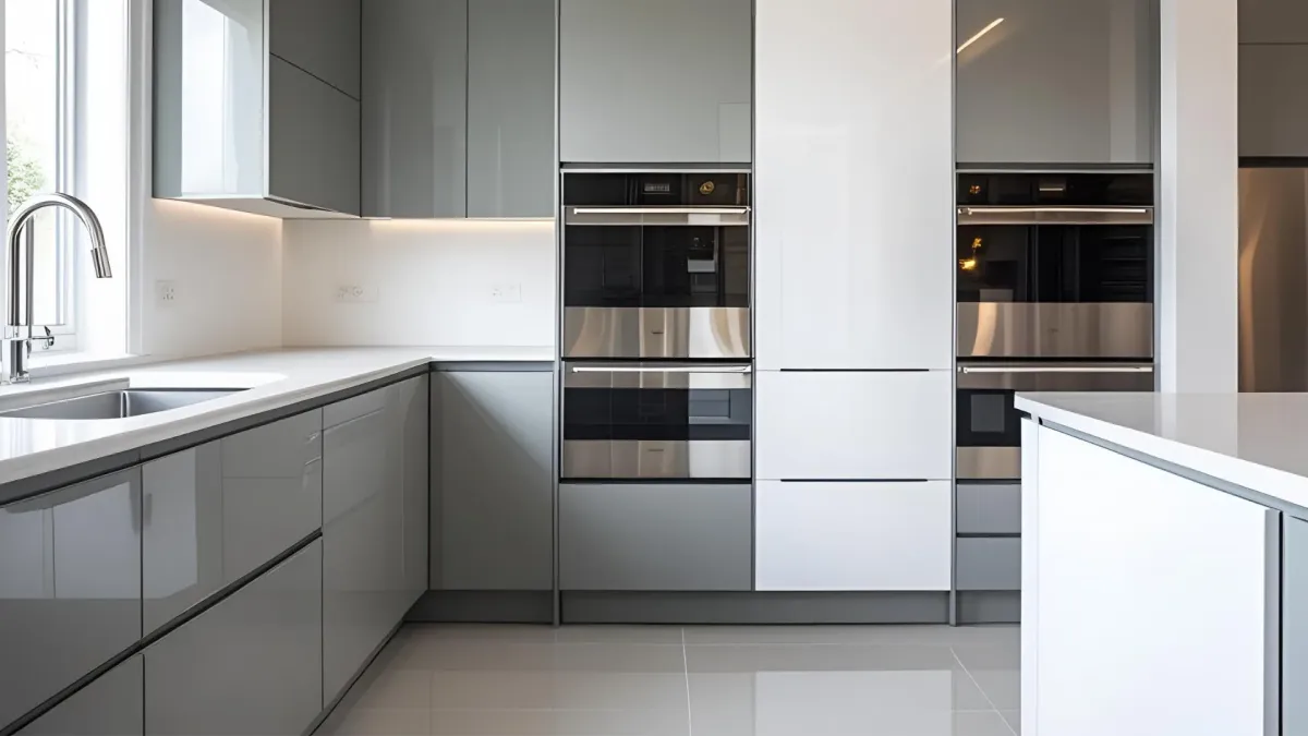 Two-tone Cabinetry in Light Gray and White With Stainless Appliances
