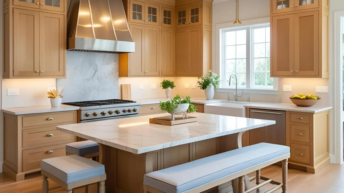 Kitchen With Blend of Classic and Sleek Finishes  With Matching Cabinetry and Bench Seating