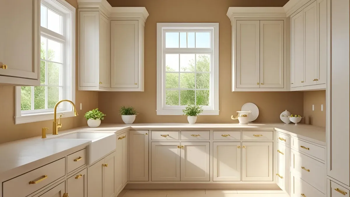 Warm Transitional Design With Beige Walls and White Upper Cabinets