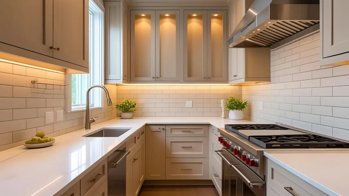Transitional Kitchen Overview With Neutral-toned Backsplash and Under-cabinet Lighting