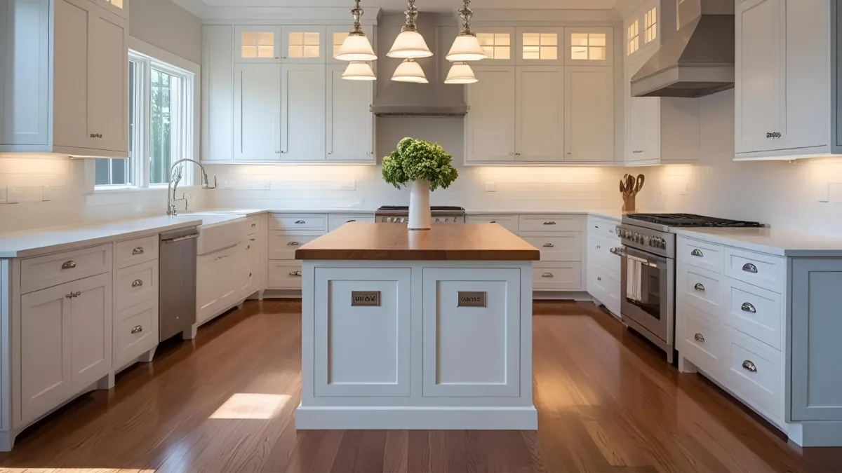 Hardwood Floors With White Cabinetry and Pendant Lighting