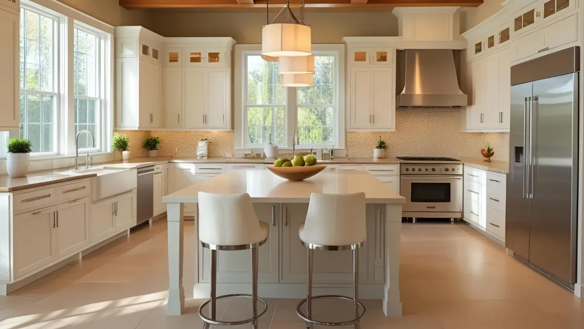 Transitional Kitchen With Lighting Above Island With Wood Beam Ceiling